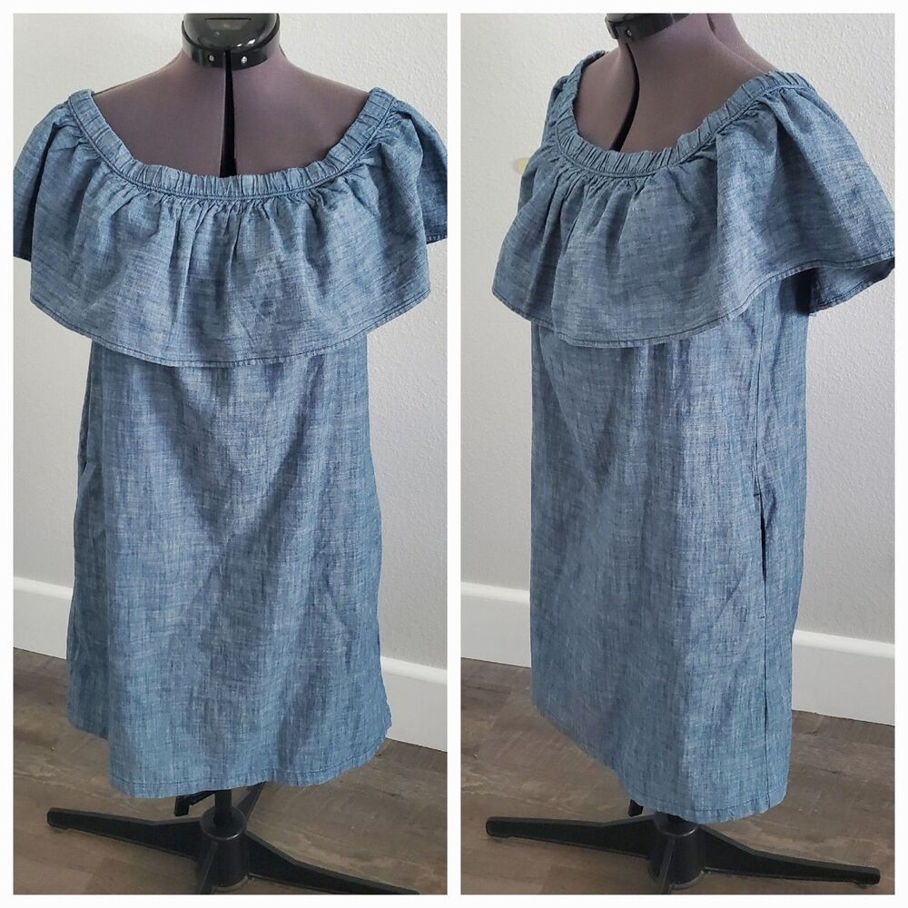 Abercrombie & Fitch Women's Denim Dress Small Blue Pockets Off Shoulder Preppy